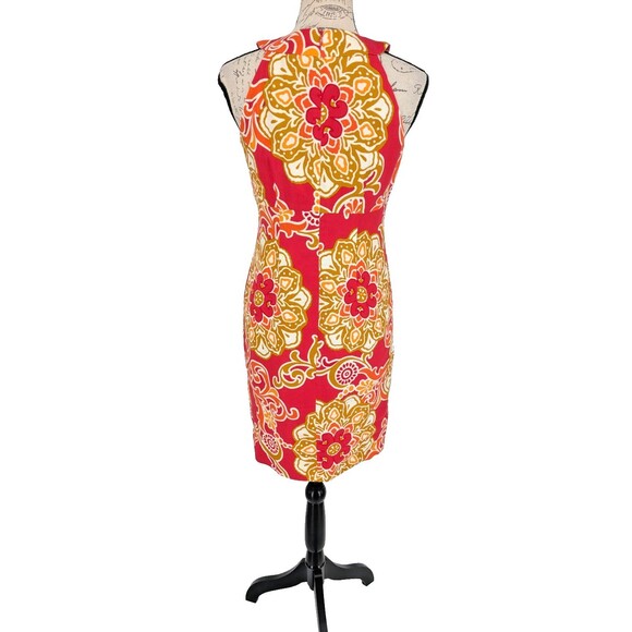 TAYLOR Silk Linen Dress Sz 4 Fuchsia Gold Bold Floral Sleeveless Sheath - Picture 4 of 14